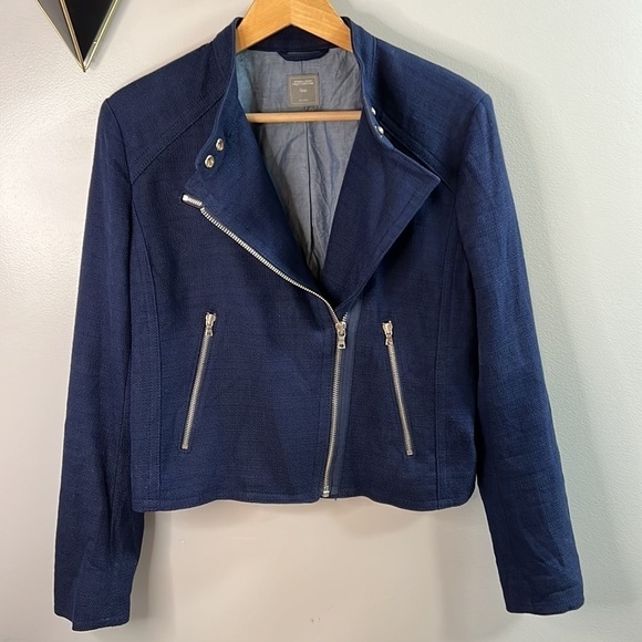 WOMEN’S Gap Navy Moto Jacket Textured Tweed Size Medium - Picture 2 of 12